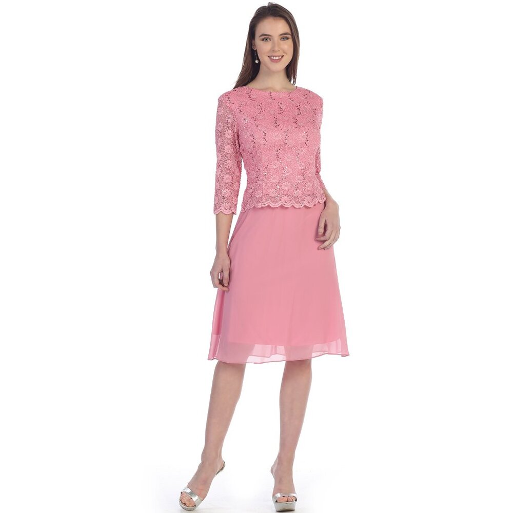 NWOT Sally Fashion 8838- Chiffon and Lace Knee Length Dress-Size SMALL- Rose